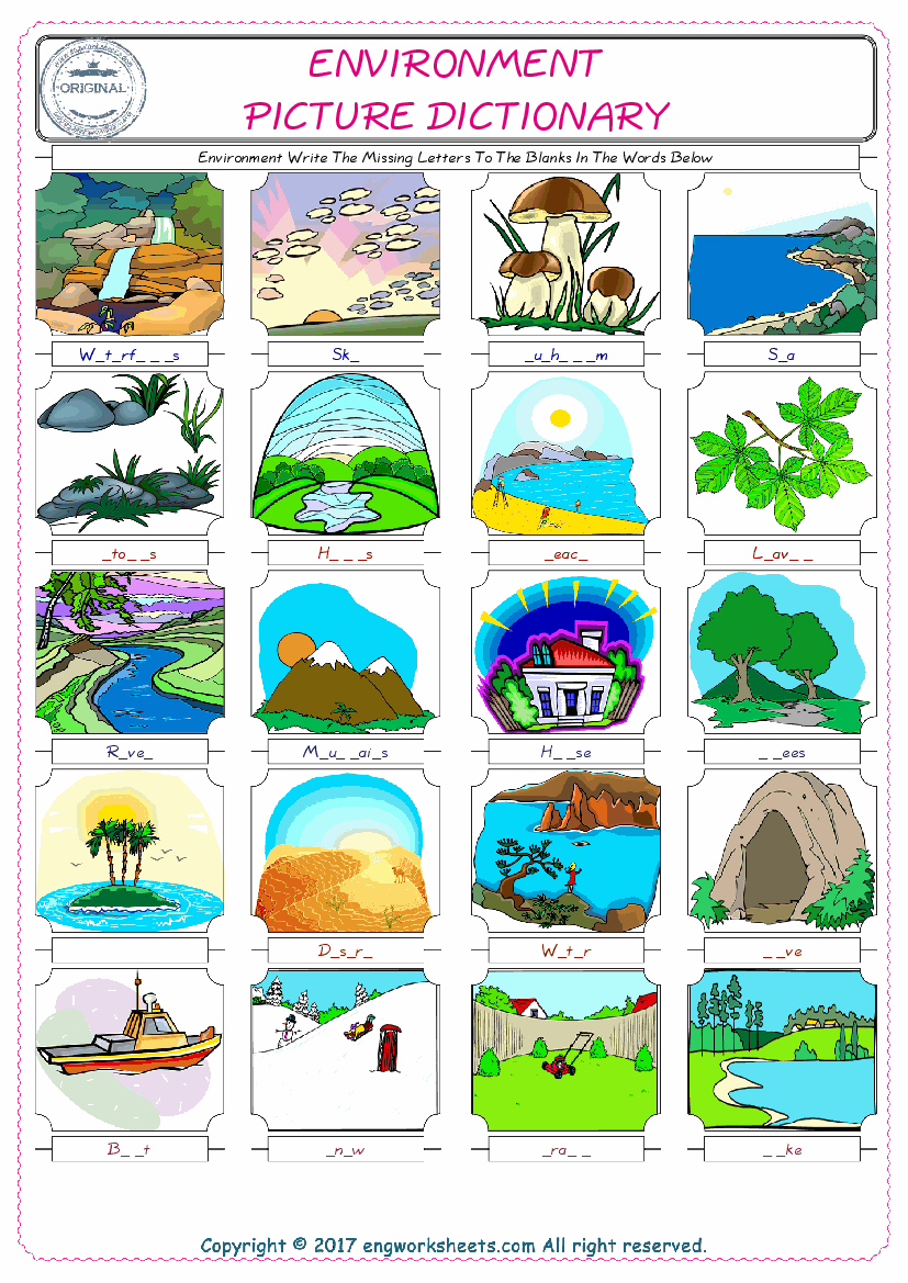 Environment Words English worksheets For kids, the ESL Worksheet for finding and typing the missing letters of Environment Words 